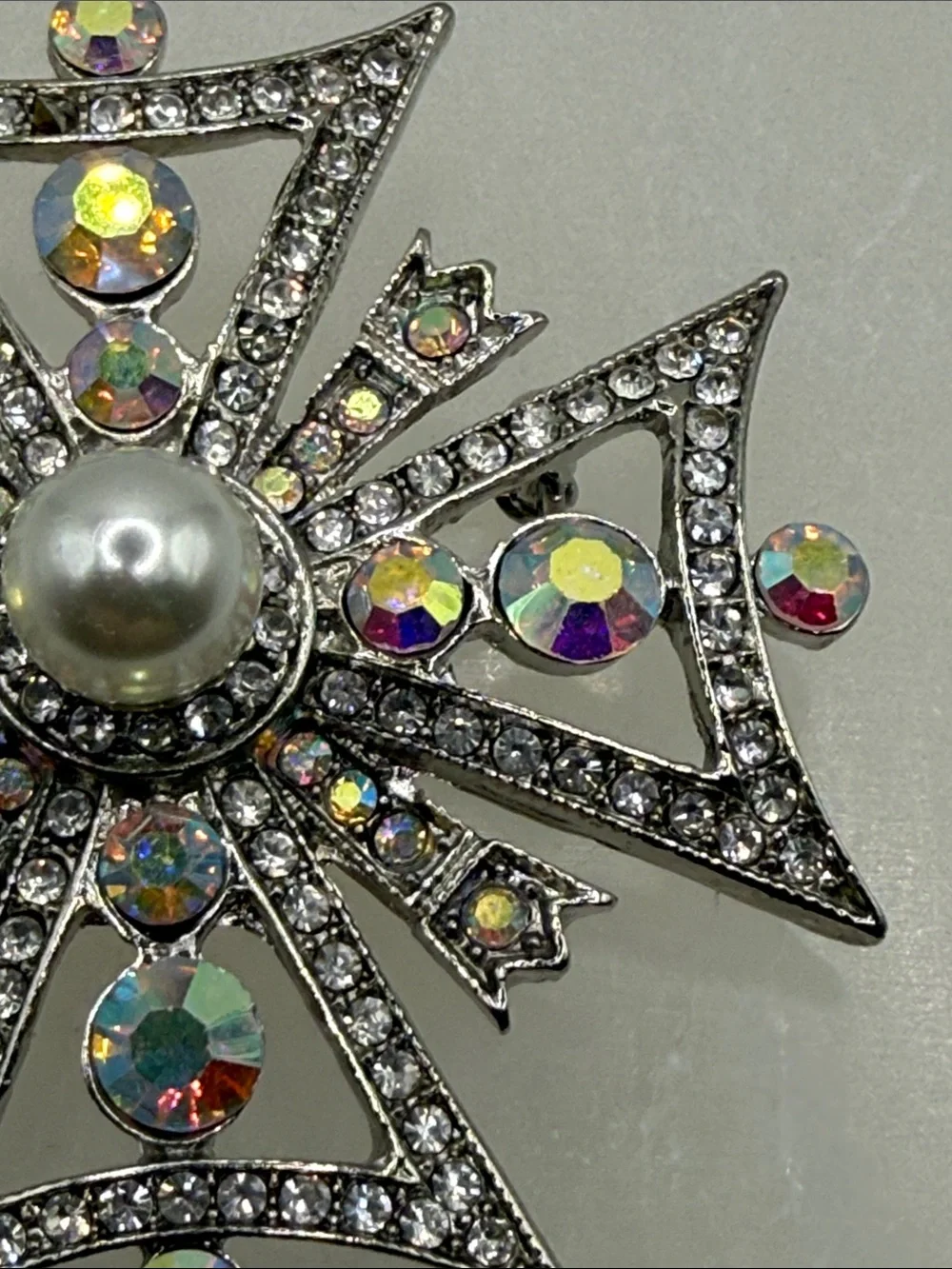 High end Vintage Aurora Borealis pave rhinestone  Cross Brooch faux Pearl Center